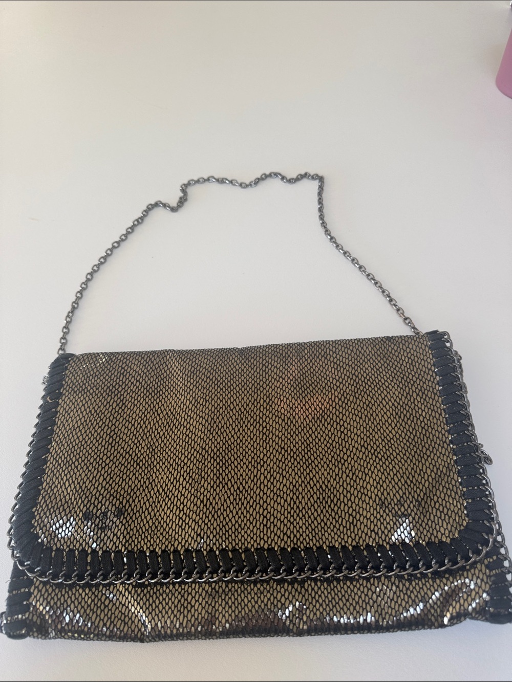 Metallic Crossbody Bag with Chain Trim and Strap